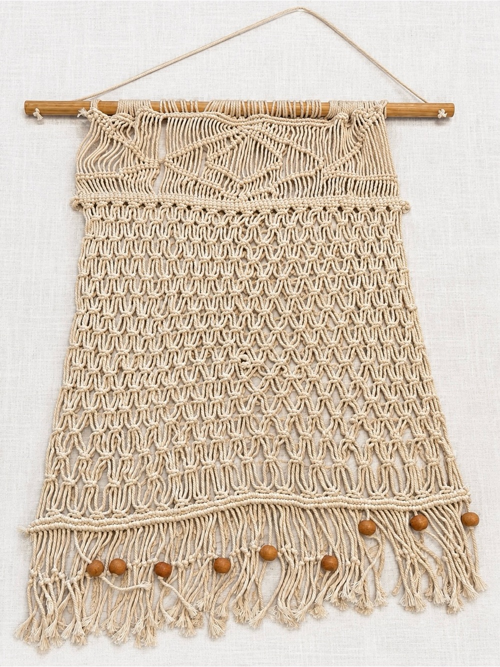 Large Boho Macramé Wall Hanging Cream Woven Tapestry with Wooden Beads